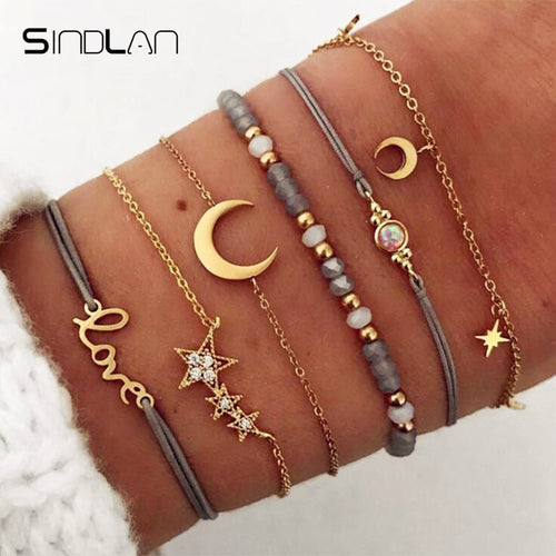 Sindlan 6PCs Crystal Moon Star Boho Bracelets for Women Bohemia
