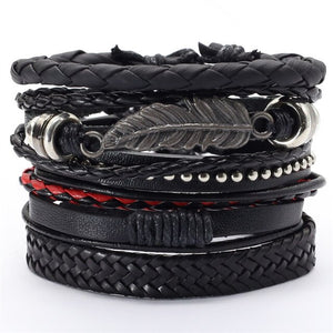 Black Taichi  Feather Men Bracelets 5pcs/set Wristband Fashion